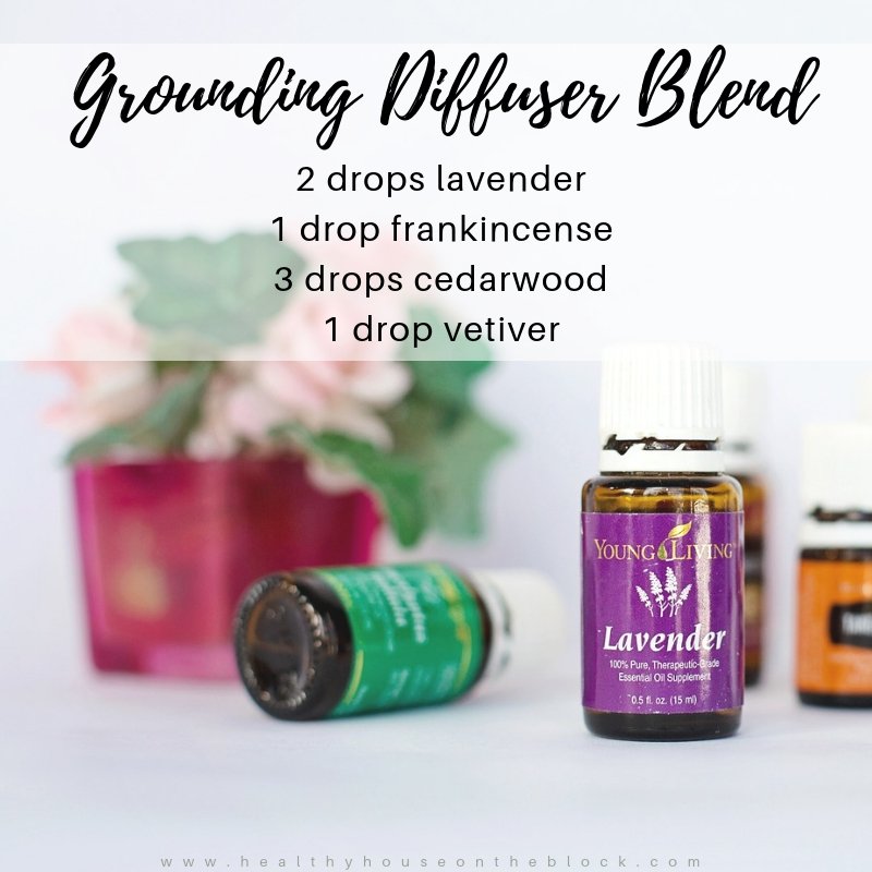 grounding diffuser blend with lavender essential oil, frankincense essential oil, cedarwood essential oil, vetiver essential oil