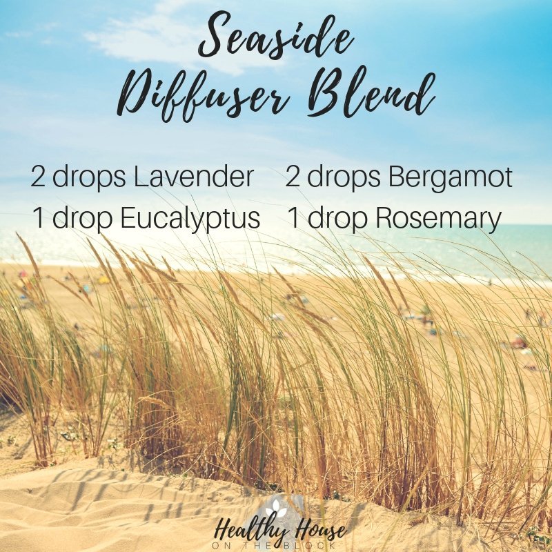 seaside diffuser blend with laveder essential oil, eucalyptus essential oil, bergamot essential oil, rosemary essential oil