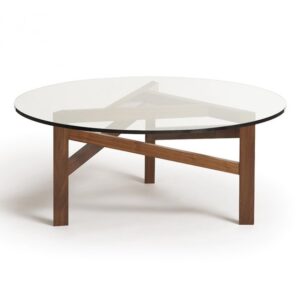 Glide Planes Walnut Round Glass Top Coffee Table